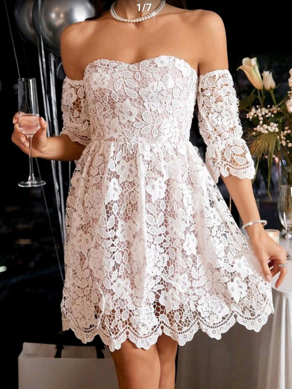 White Lace Off-Shoulder Dress with Scalloped Hem